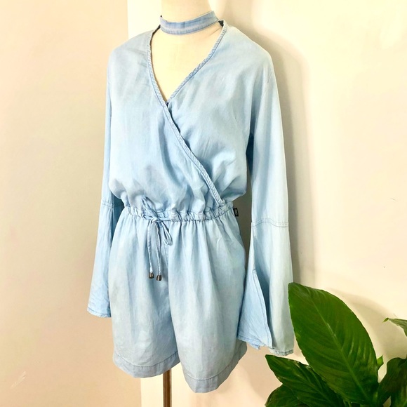 refuge Pants - REFUGE DENIM Chambray Denim Longsleeve Jumpsuit or Playsuit, POCKETS! Size Large